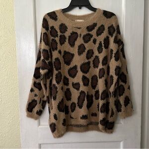 Altar’d State Boho Leopard Print Long Sleeve Crewneck Fuzzy Sweater Top